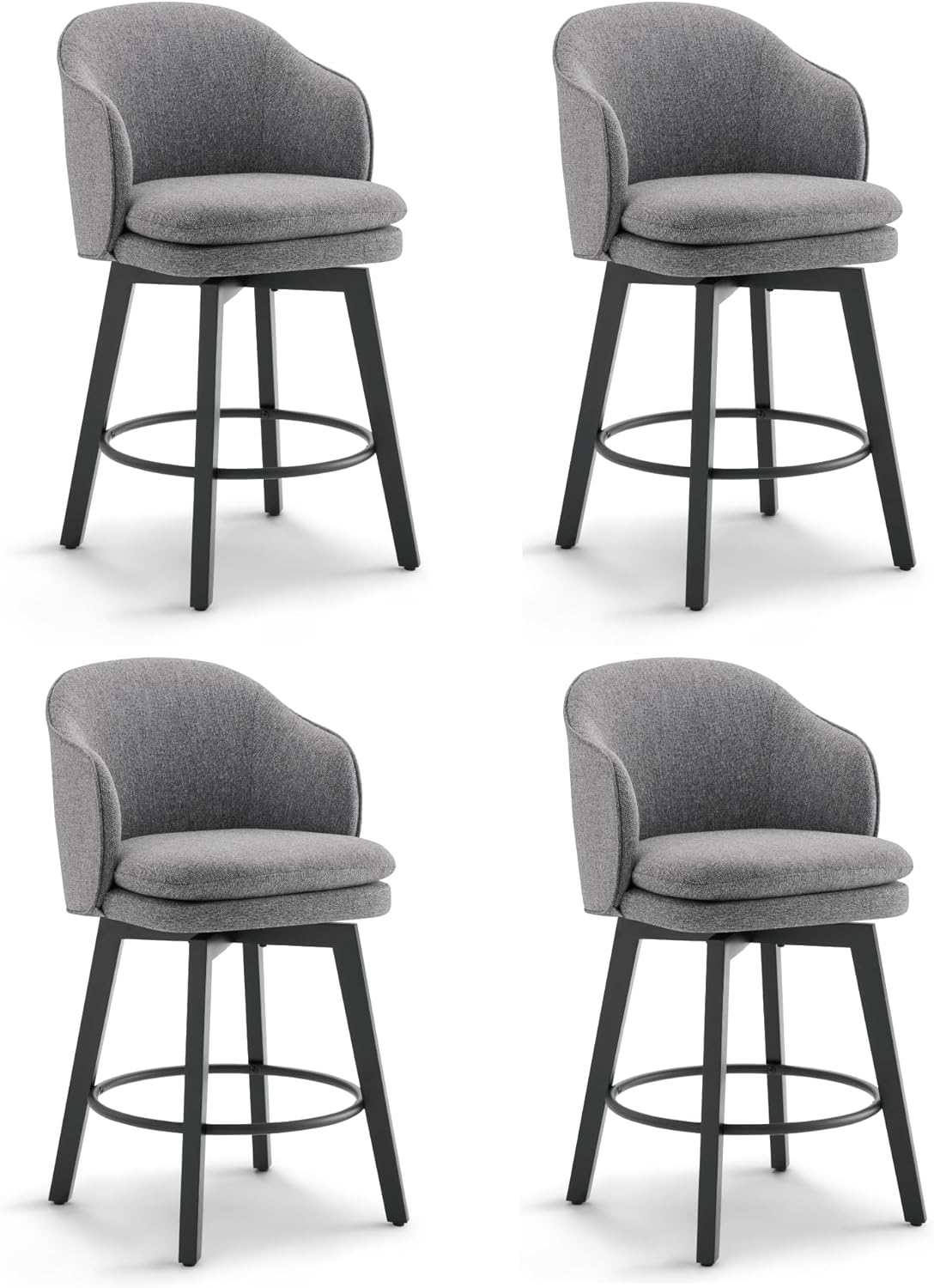 Counter Height Barstools 26 inch Upholstered Swivel Bar Stools with Back and Wood Legs for Kitchen Island,Set of 4,Dark Grey Fabric