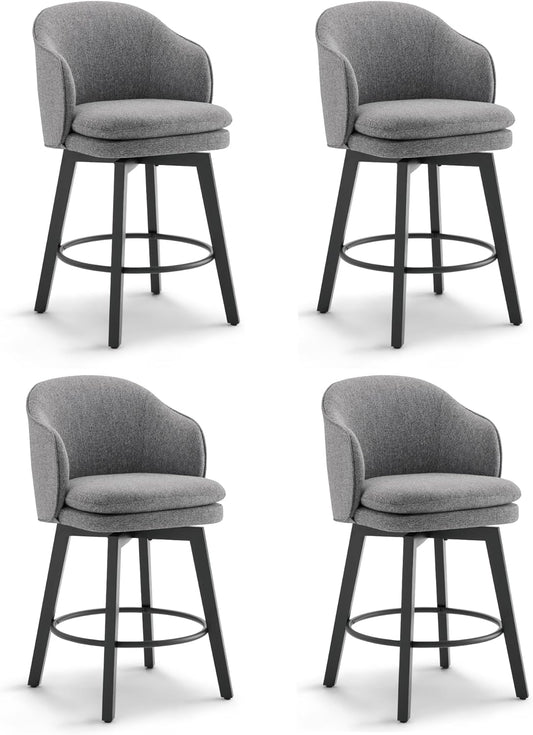 Counter Height Barstools 26 inch Upholstered Swivel Bar Stools with Back and Wood Legs for Kitchen Island,Set of 4,Dark Grey Fabric