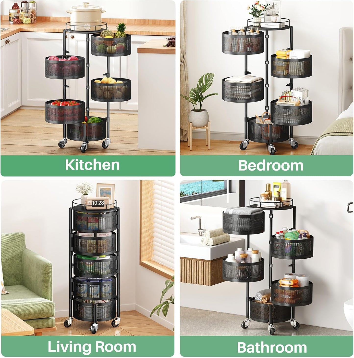 SAYZH Fruit Vegetable Basket for Kitchen, Rotating Storage Rack, 5 Tier Rolling Cart with top lid, Large Metal Wire Wheels, Black