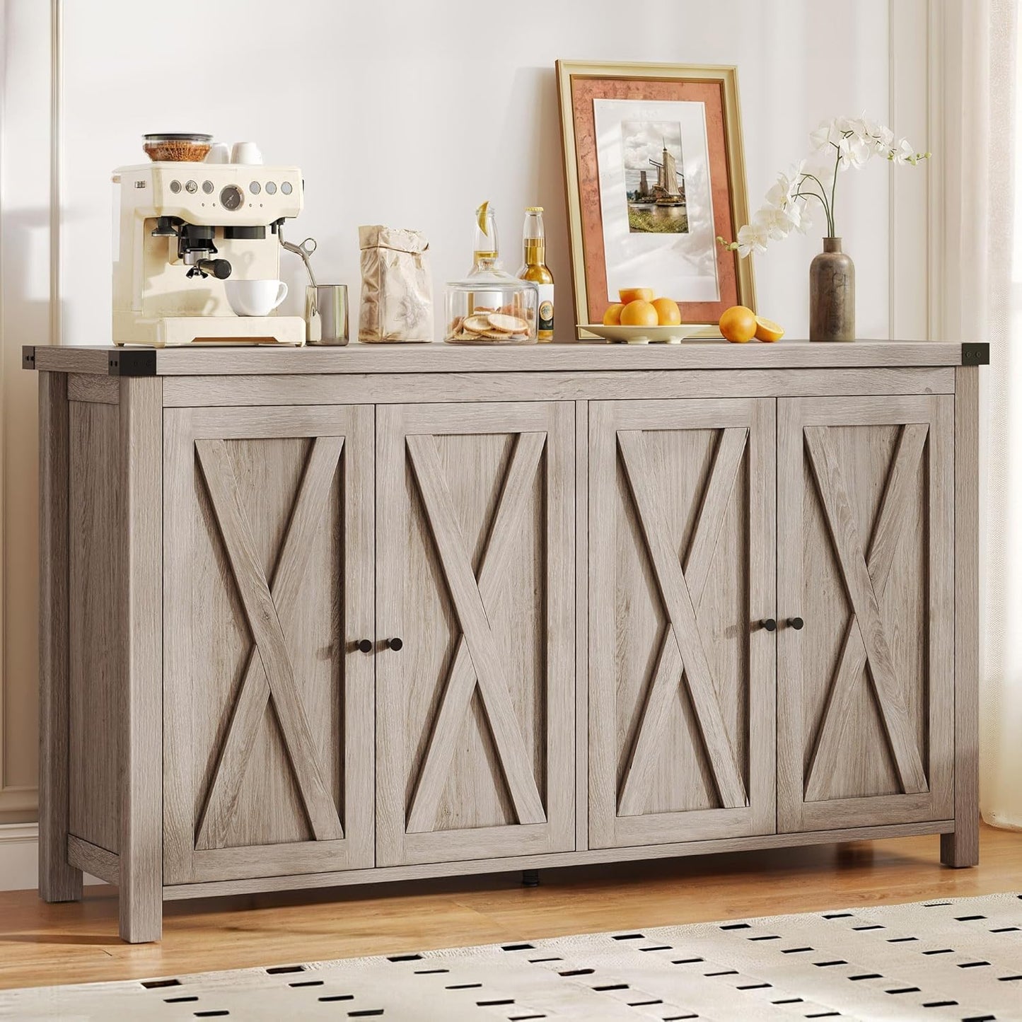 DWVO 55'' Sideboard Buffet Cabinet with Storage, Farmhouse Kitchen Storage Cabinet with Doors, Large Coffee Bar Cabinets with Adjustable Shelves for Kitchen, Living Room, Grey