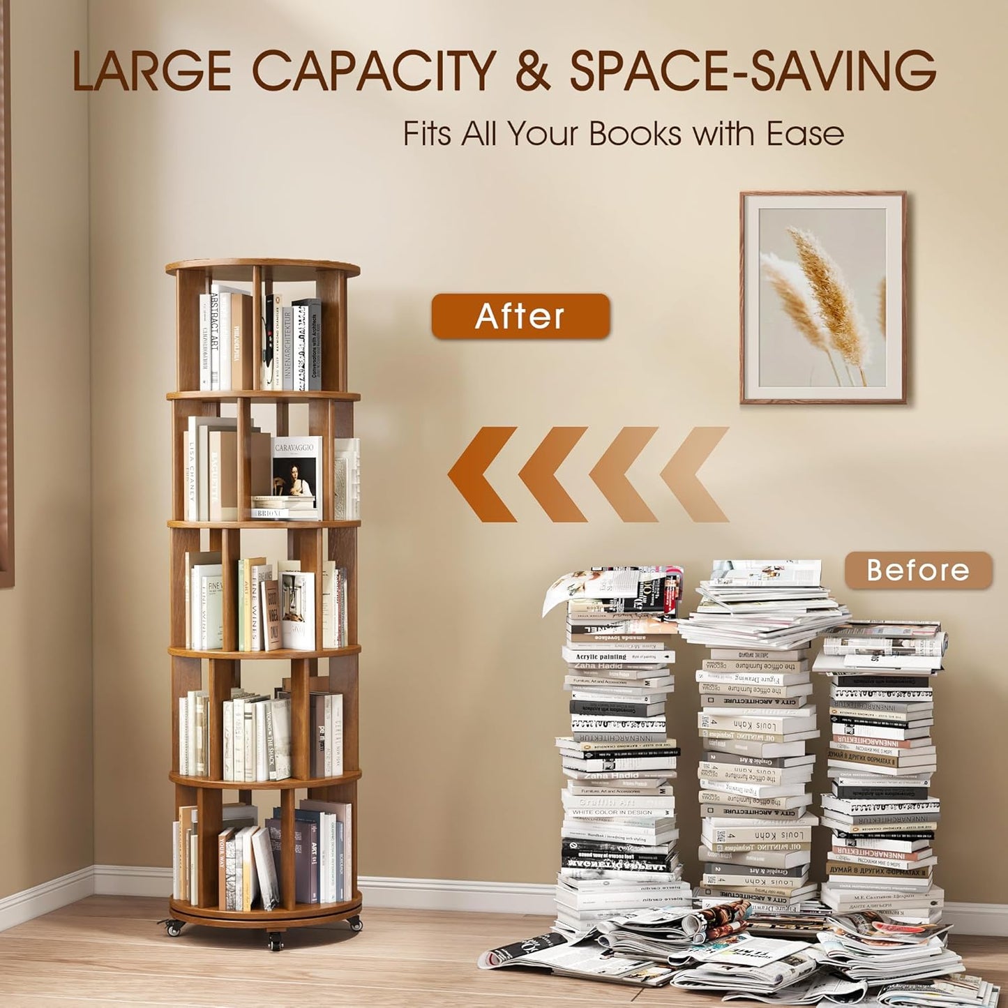 5 Tier Rotating Bookshelf Tower Spinning Bookshelf with Swivel Wheels Book Shelf Rotating Storage Tower for Kids Adult Narrow Walnut Solid Wood Revolving Bookcase Organizer for Bedroom Living Room