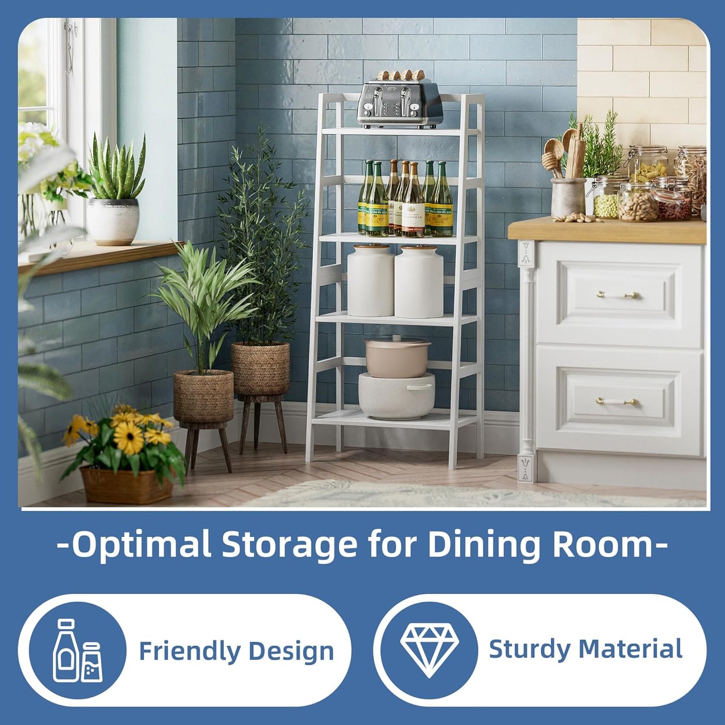 HITNET White Ladder Bookshelf, Leaning Bookcase, 4-Tier Bamboo Shelf, Floor Standing Storage Shelving Unit, Open Display Book Shelves