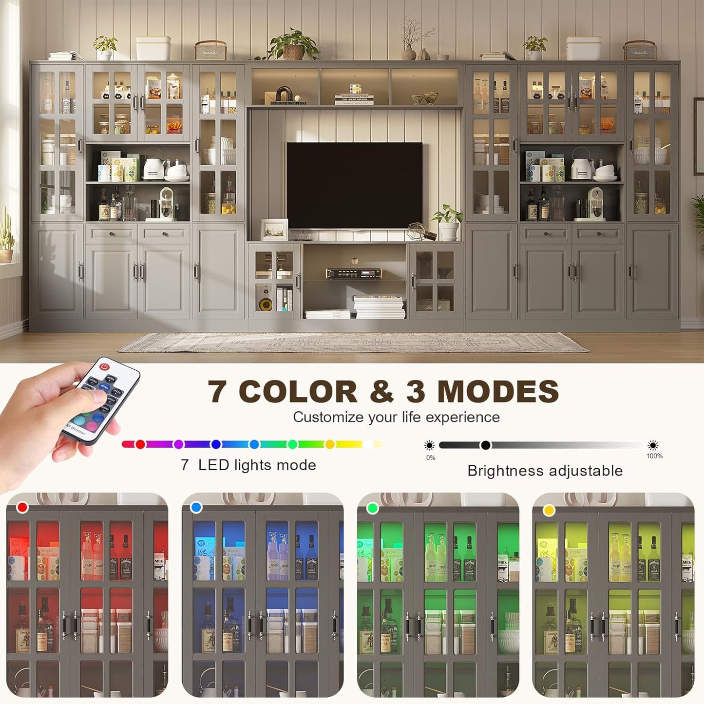 4-Piece Wall Unit TV Stand with Storage & LED Lights for TVs up to 75", Modern Entertainment Center with Bookshelves & 8-Door Pantry Cabinet, Gray