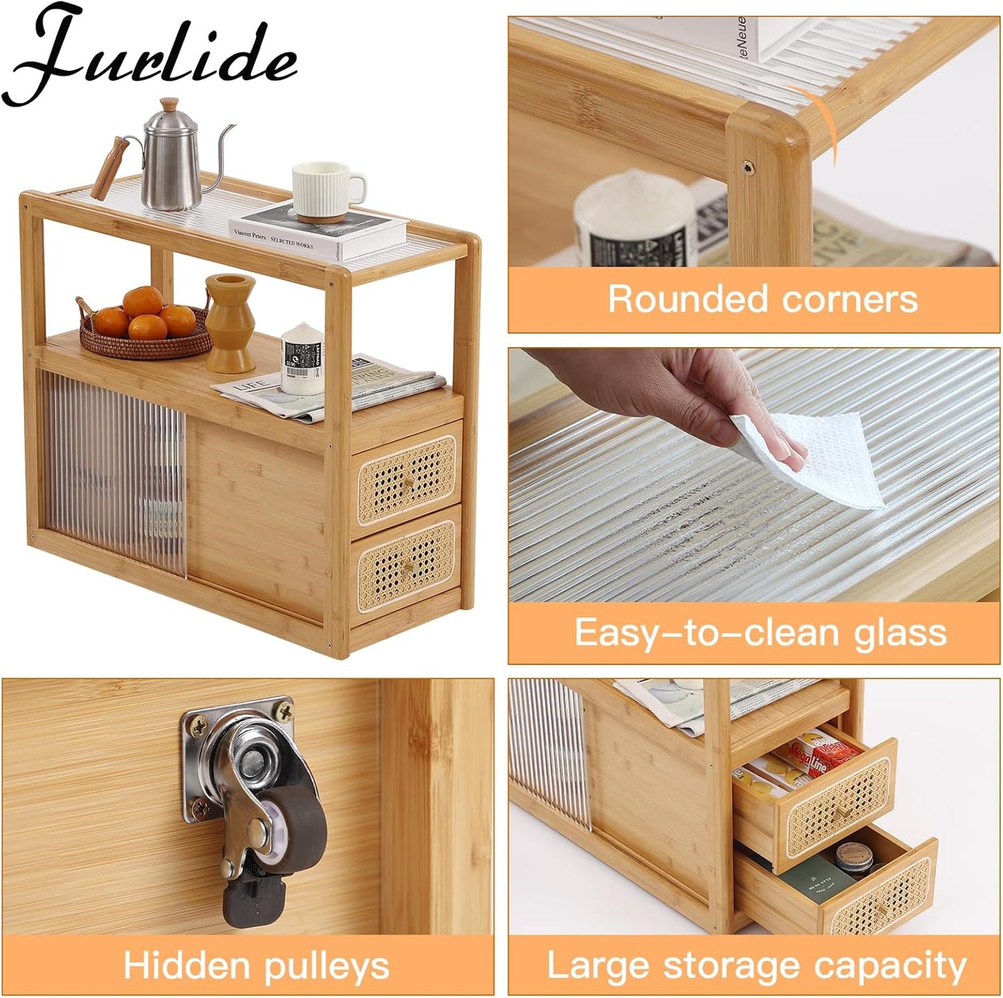 Rattan Nightstand Side Table with Storage, Bamboo Nightstand Bedside Table, Glass Mid Century Modern End Tables for Small Spaces, Living Room, Bedroom，Wood