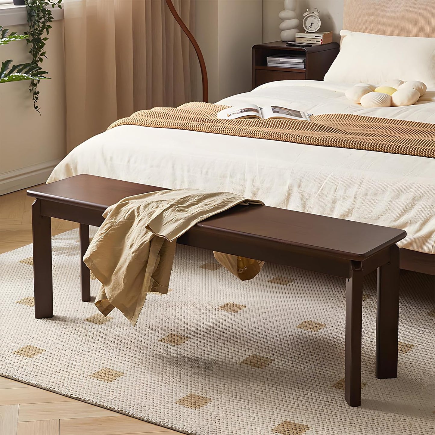 Dining Bench, Solid Wood Bench with Wide Seat, Mid Century Modern Bench, End of The Bed Bench, 47.2" L x 11" W x 16.5" H(Walnut)