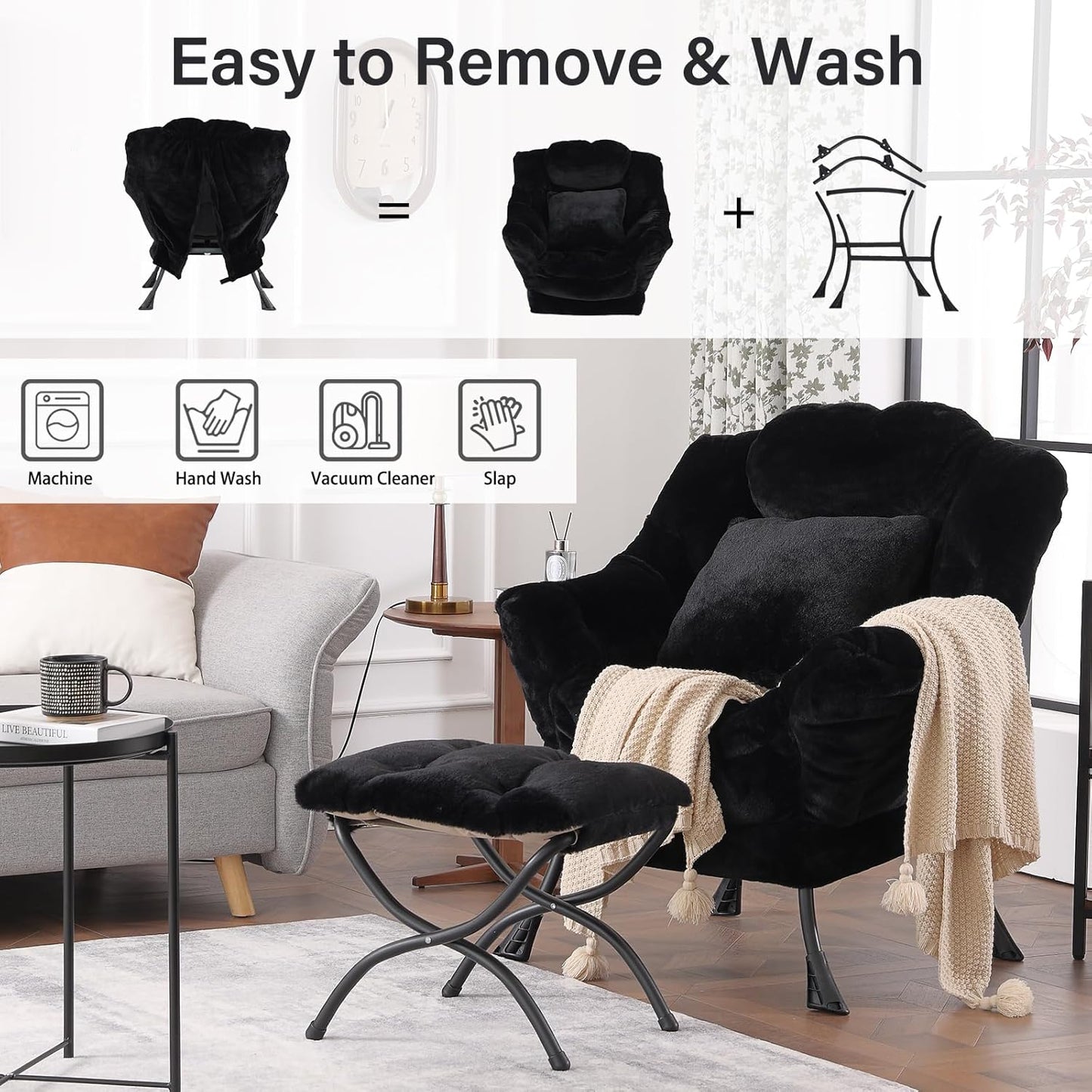 Lazy Chair with Ottoman, Reading Chair with a Pillow, Leisure Sofa Armchair with Ottoman, Large Accent Lounge Chair for Bedroom, Living Room, Dorm Room, Plush Black