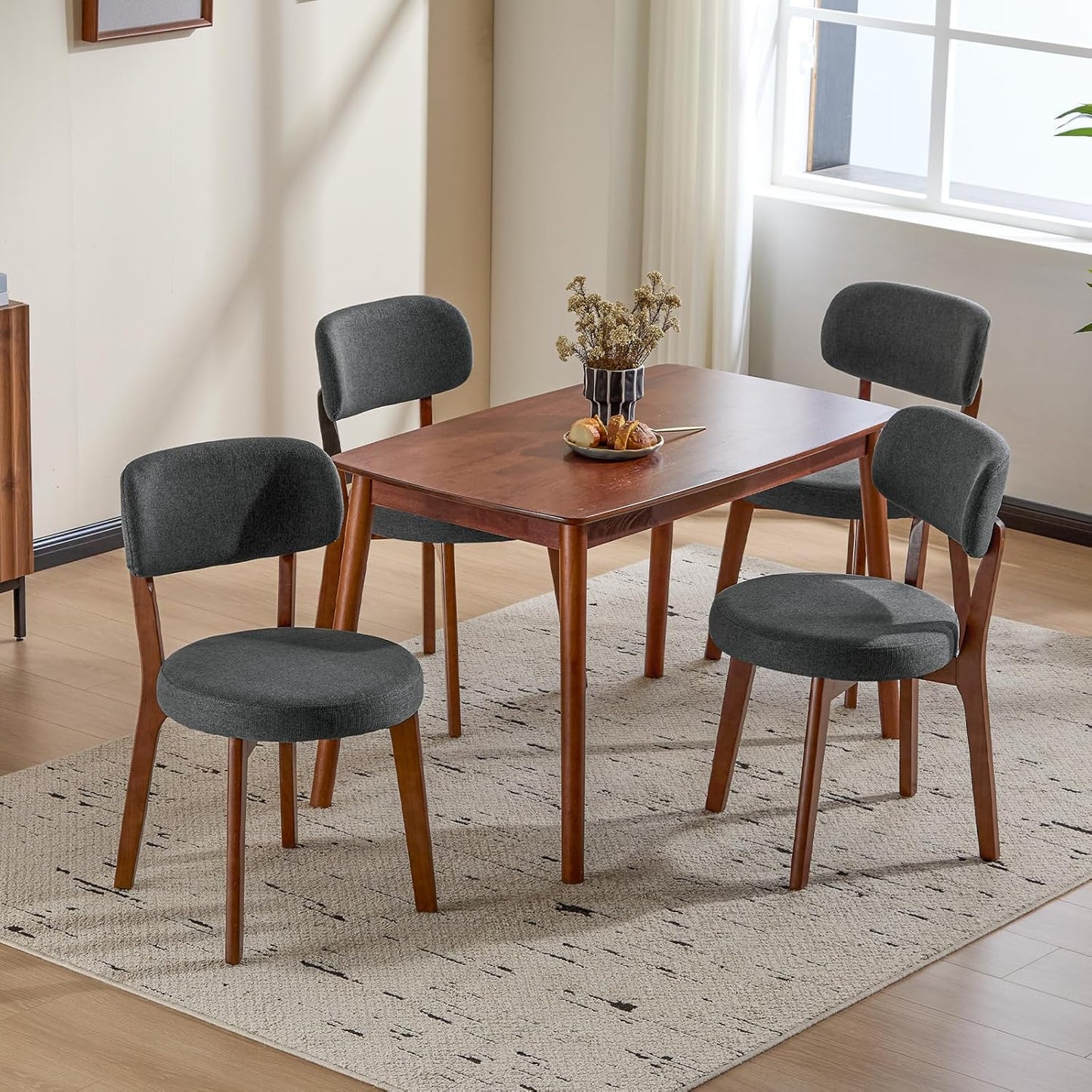 Furniliving Wooden Dining Chairs Set of 4, Mid-Century Modern Linen Upholstered Kitchen Chair with Solid Oak Wood, Farmhouse Dining Room Chairs, Grey