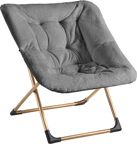 Comfy Oversized Saucer Chair, Soft Faux Fur Reading Lounge Chair for Adults, Stable X-Large Metal Frame and Non-Slip Pad, Foldable Cozy Chairs for Bedroom, Living Room, Dorm, Dark Gray