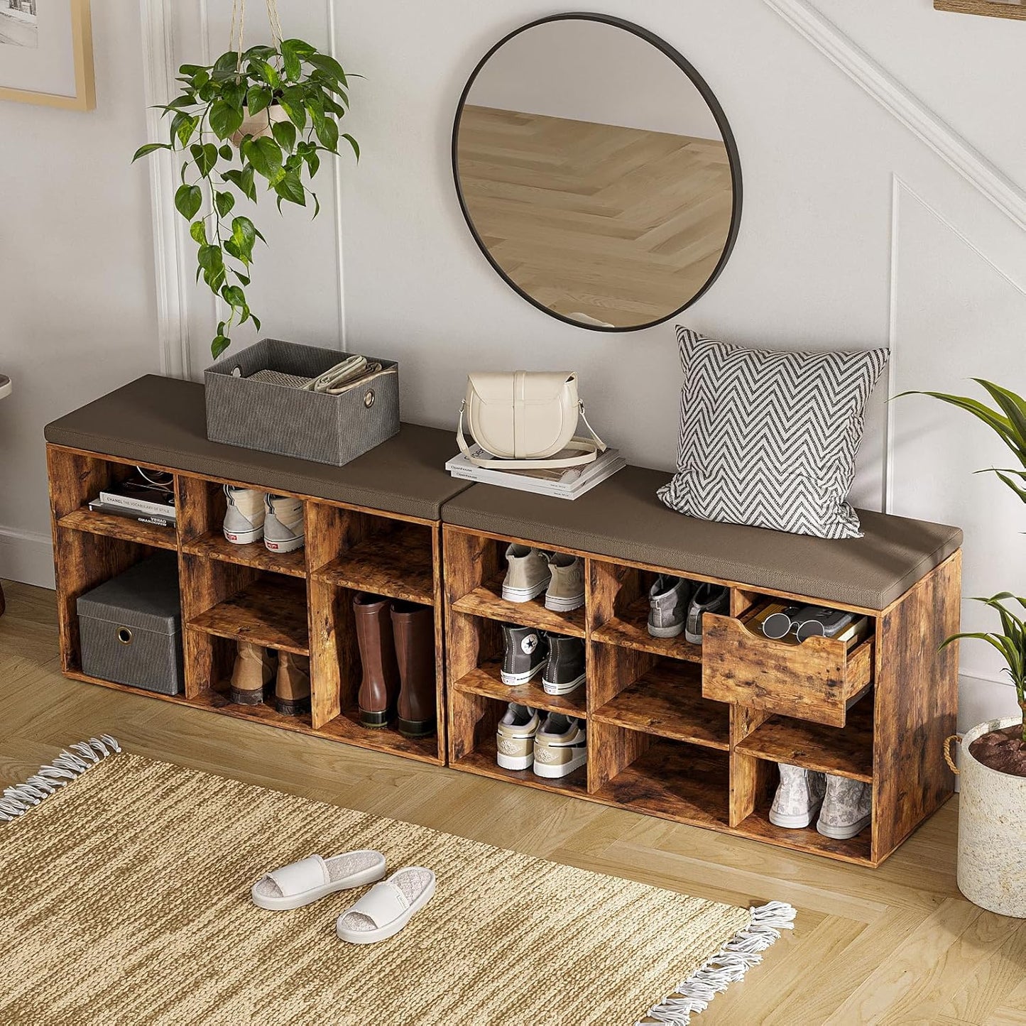 DINZI LVJ Shoe Bench, Entryway Storage Bench with Drawer and 8 Cubbies, Cubby Shoe Rack with Adjustable Shelves, Shoe Organizer Cabinet for Living Room, Bedroom, Mudroom and Garage, Rustic Brown