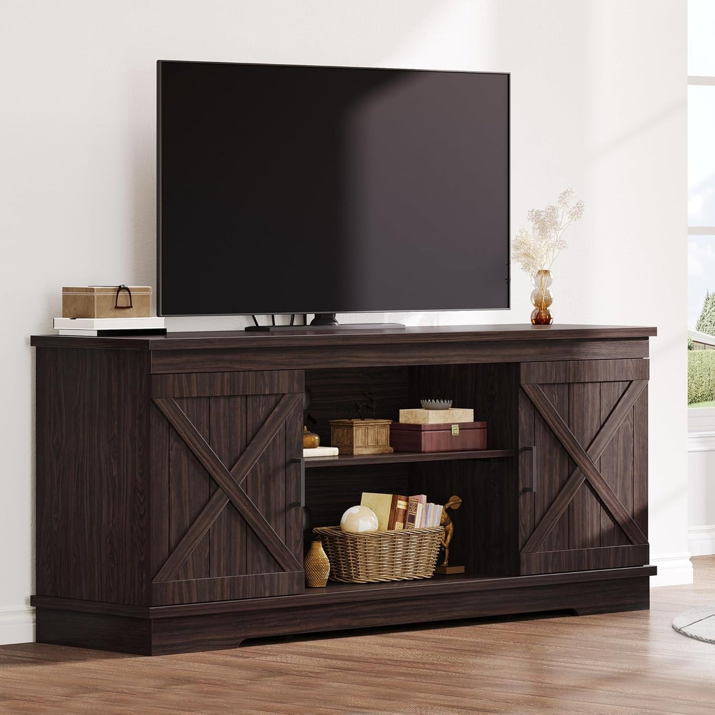 DWVO Farmhouse TV Stands for Living Room, Entertainment Center with Storage, TV Stand for 65 Inch TV with Double Barn Doors & Storage Cabinets, Rustic TV Cabinet Media Console, Espresso