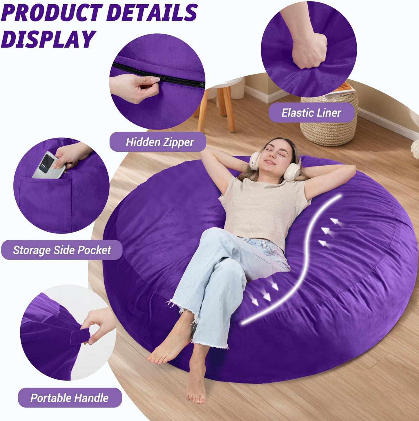 7FT Bean Bag Chair with Ultra Soft Velvet Cover Bean Bag Sofar with Memory Foam Bean Bag Chairs with Large Size Lazy Sofa for Dorm Office Living Room Bedroom Purple 7'