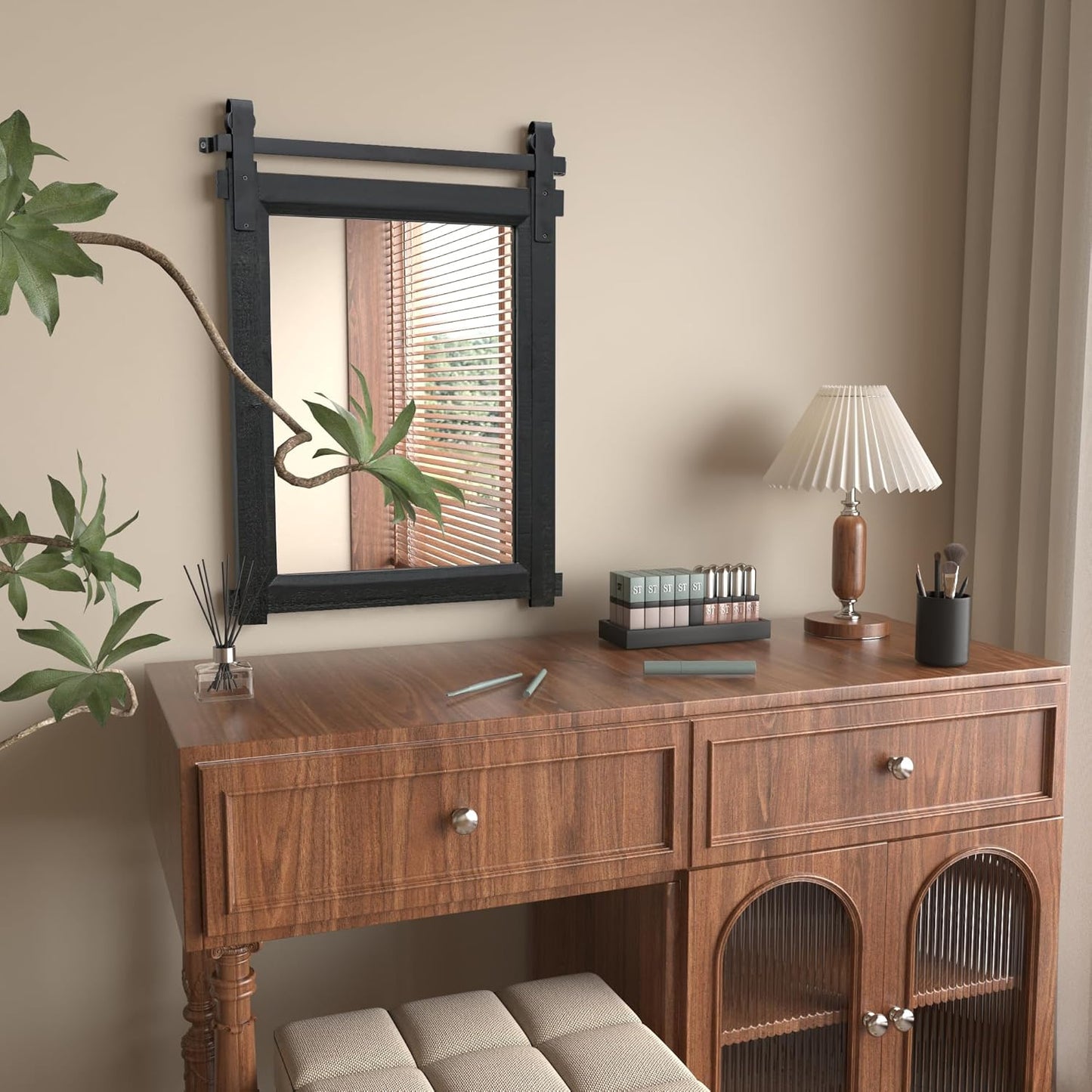 Farmhouse Barn Door Mirror: 22"x30" Black Rustic Wood Frame Mirror for Wall - Home Decor for Entryway/Bathroom/Living Room