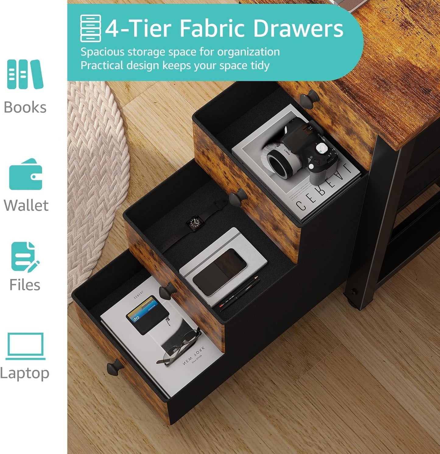 Lufeiya 55 inch Computer Desk with 4 Fabric Drawers & Storage Shelves, Writing Work Study Desk for Home Office Bedroom, Modern Simple Student PC Desks Table, Rustic Brown