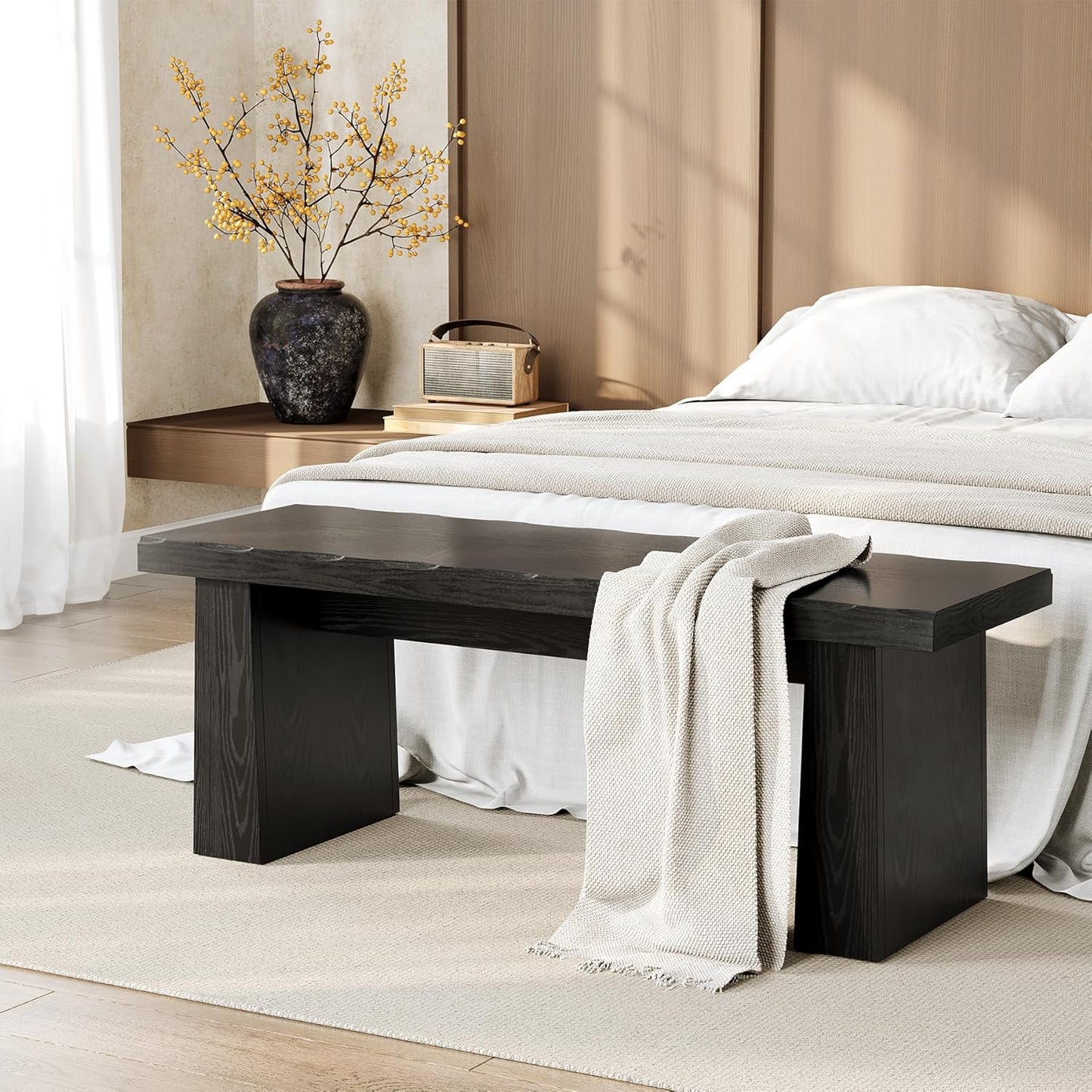 LITTLE TREE 47-Inch Wooden Entryway Bench, Farmhouse Dining Bench with Sturdy Frame for Dining Room, Bedroom, Living Room Hallway Kitchen, Easy Assembly (Black)