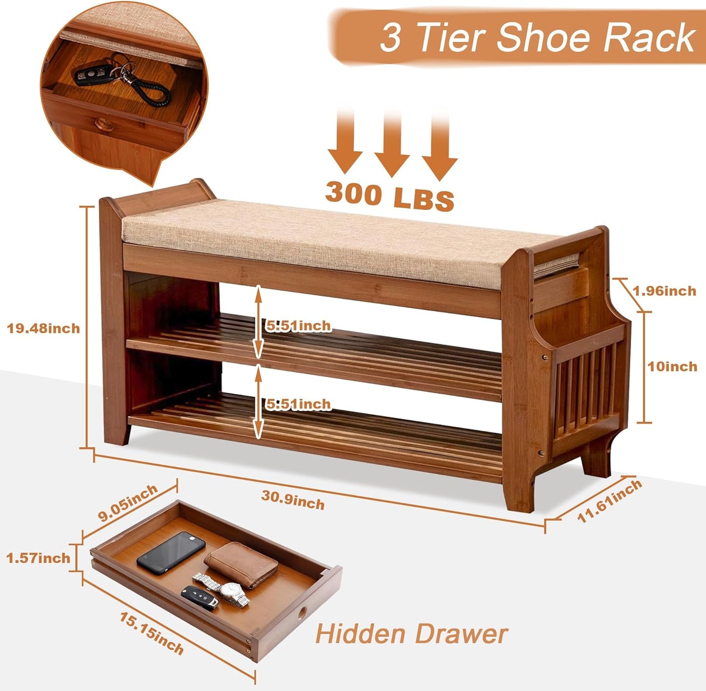 Shoe Storage Bench for Entryway, Bamboo Entryway Bench with Hidden Drawer and Side Brackets,2-Tier Shoe Rack Organizer for Entryway, Hallway,Bedroom and Bathroom