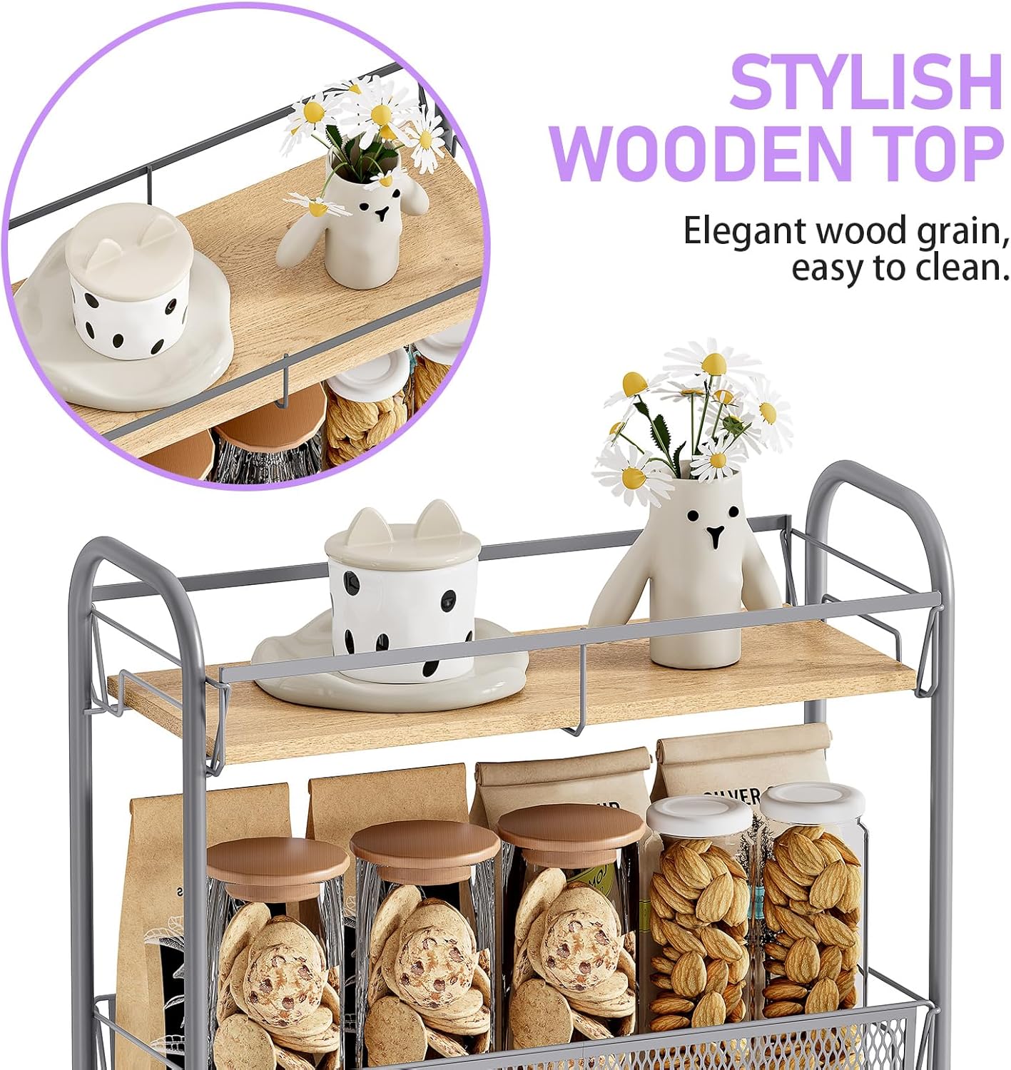 KINGRACK Metal Slim Rolling Cart,4-Tier Metal Utility Cart,Storage Cart with Wooden Tabletop, for Narrow Space on Laundry Bathroom Kitchen Room Bedroom Apartments Dormitory (Light Grey, Slim)