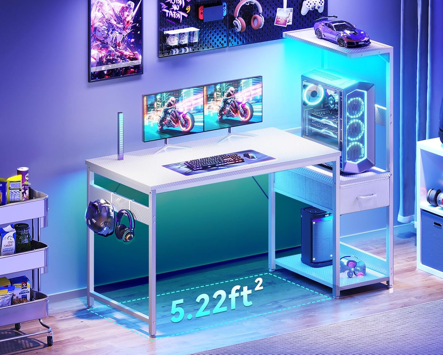 Casaottima 48 Inch Gaming Desk with Storage & LED Lights, Reversible Computer Desk with Display Shelves & Fabric Drawer, Modern Gamer Desk Table with Side Headphone Hook, Carbon Fiber White