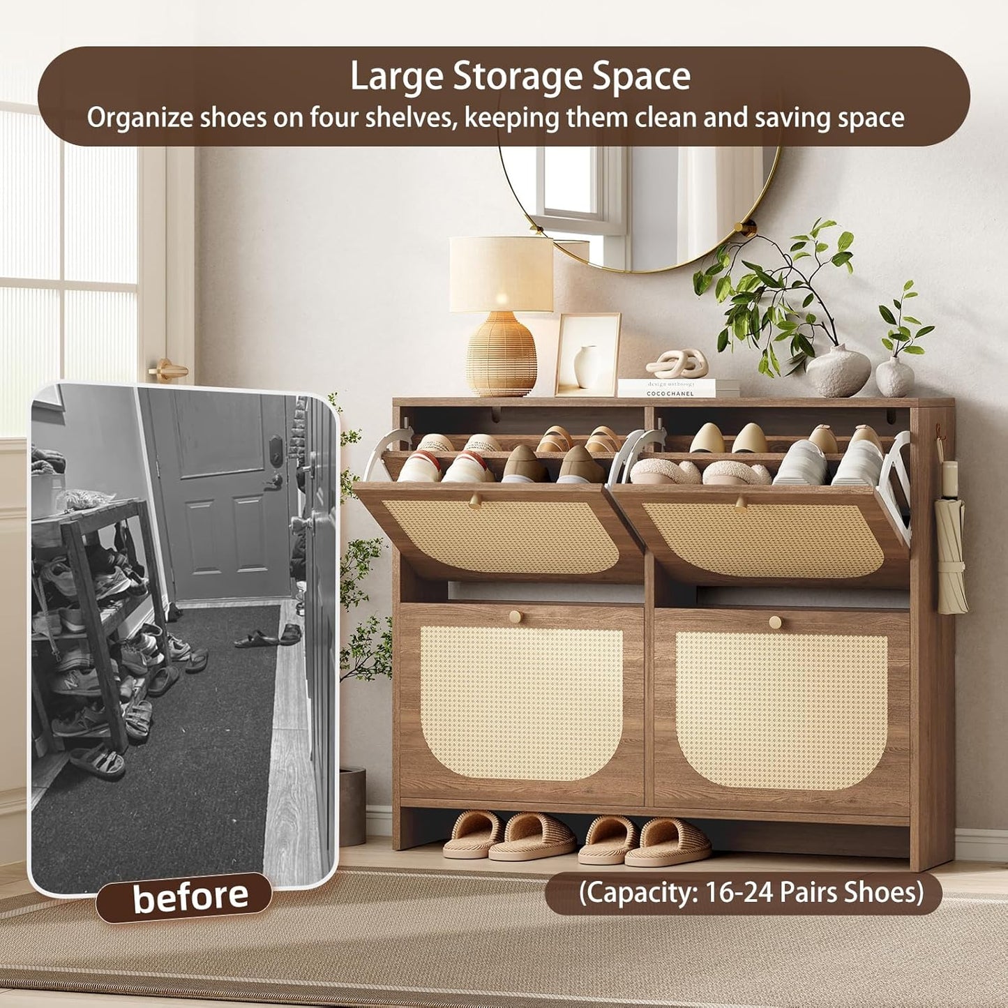 Nicetree Shoe Cabinet Storage for Entryway, Farmhouse Slim Shoe Organizers with 4 Flip Drawers, Freestanding Large Shoe Rack with 3-Tier Adjustable Shelves for Hallway,Foyer, Rustic (Oak)