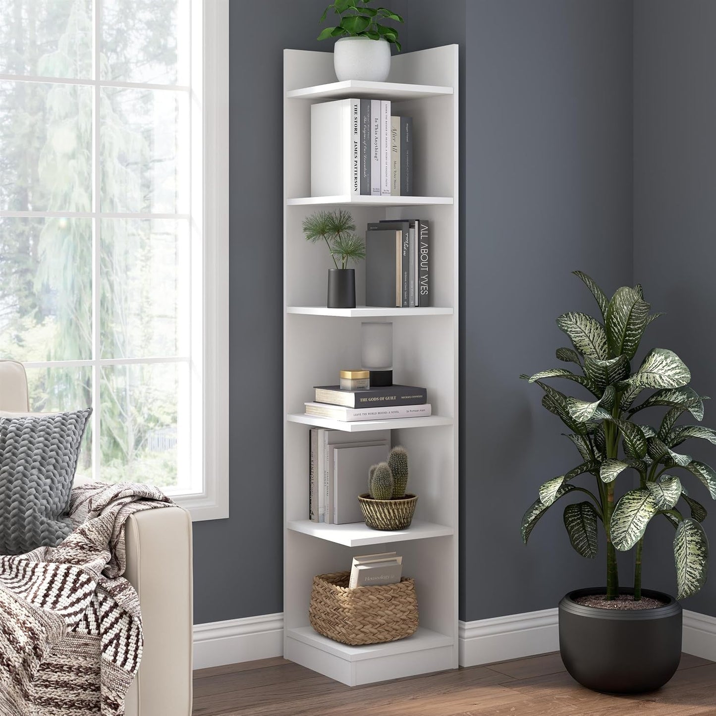 Bush Furniture Universal 15W Tall Corner Bookshelf in White, 6 Shelf Narrow Bookcase for Home Office Storage or Living Room Organization