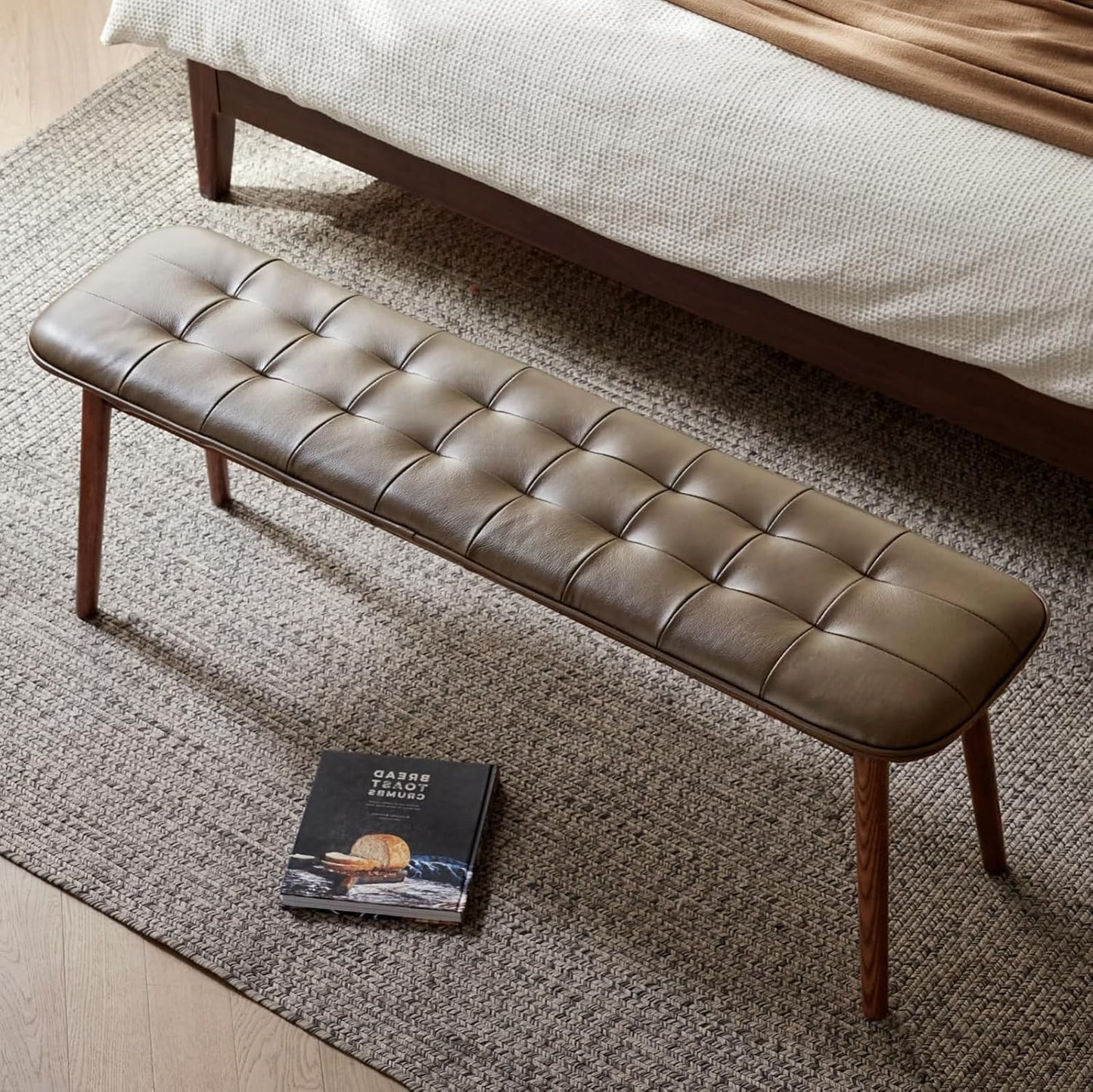 Upholstered Bench, 51.18 in Natural Oak Wood for Dining Table Bench for Living Room with Leather Cushion, End of Bed Footrest Stool Brown