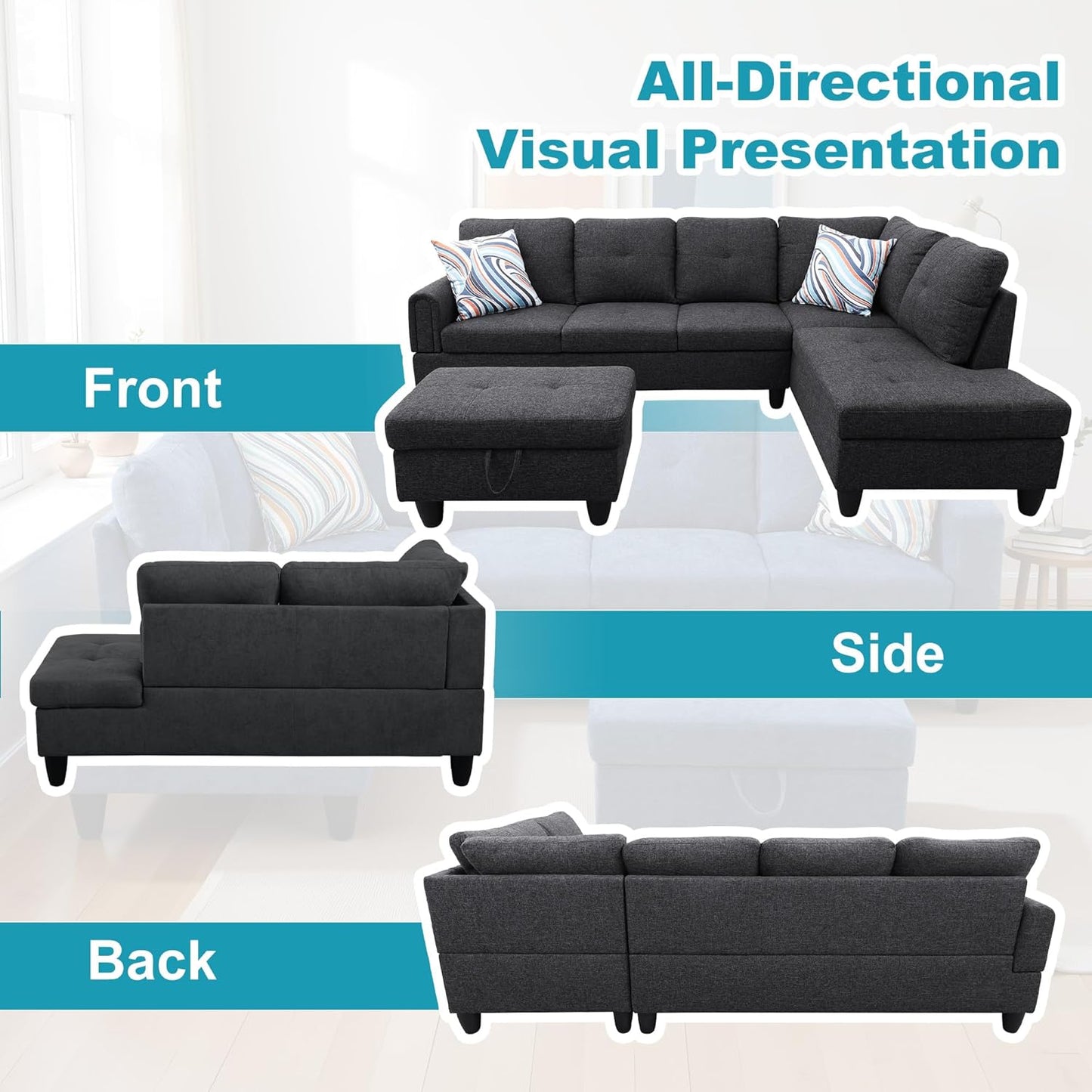 Couches for Living Room Modern L Shaped Couch Comfy Linen Fabric 3 Pieces Sectional Sofa with Chaise, Ottoman with Storage for Office and Small Apartment, Dark Grey