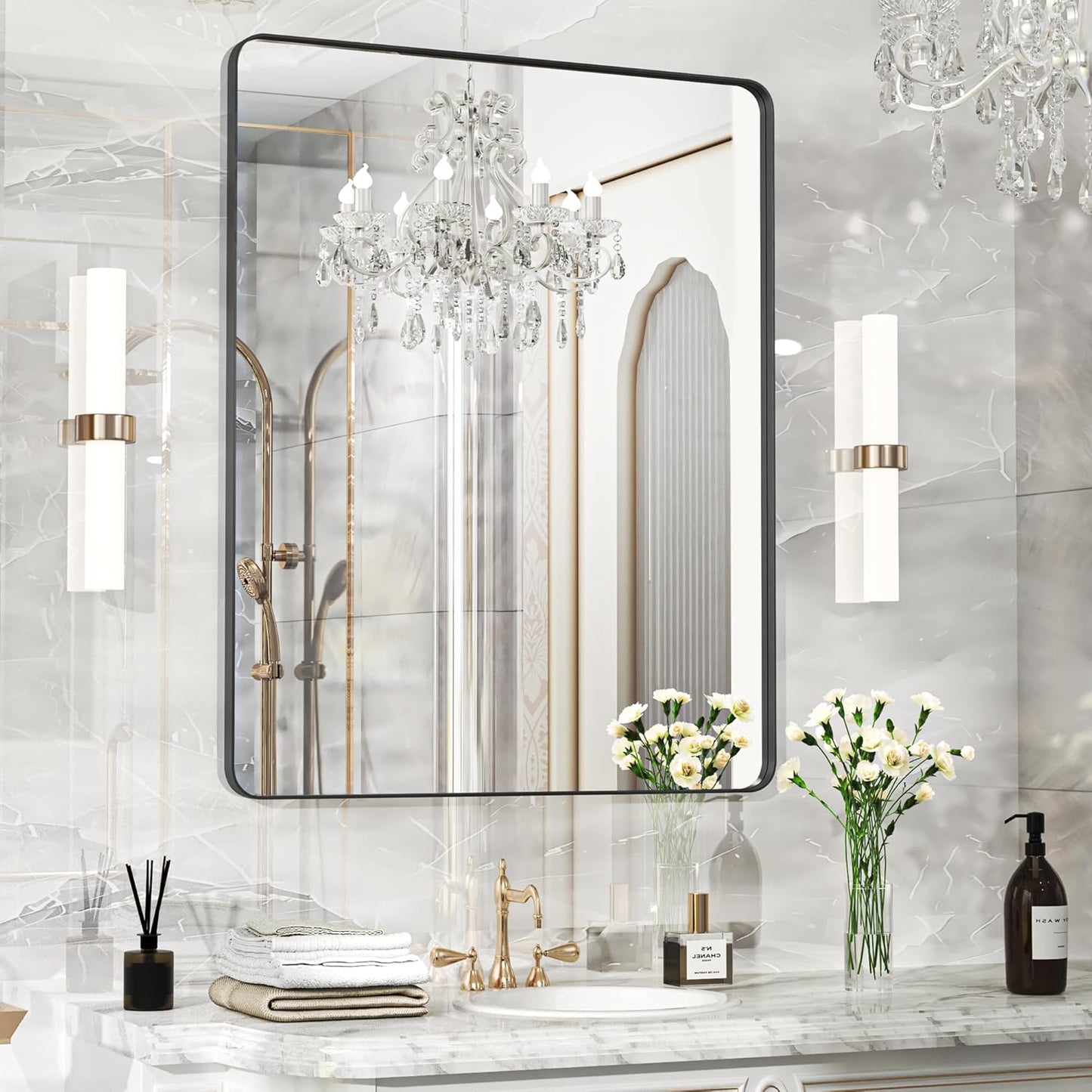 40×30 Black Bathroom Mirror, Rectangular Bathroom Vanity Mirror for Wall with Rounded Corners & Aluminum Alloy Frame, Tempered-Glass, Modern, Farmhouse, Horizontal/Vertical, Entryway, Bedroom