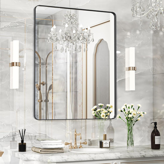40×30 Black Bathroom Mirror, Rectangular Bathroom Vanity Mirror for Wall with Rounded Corners & Aluminum Alloy Frame, Tempered-Glass, Modern, Farmhouse, Horizontal/Vertical, Entryway, Bedroom