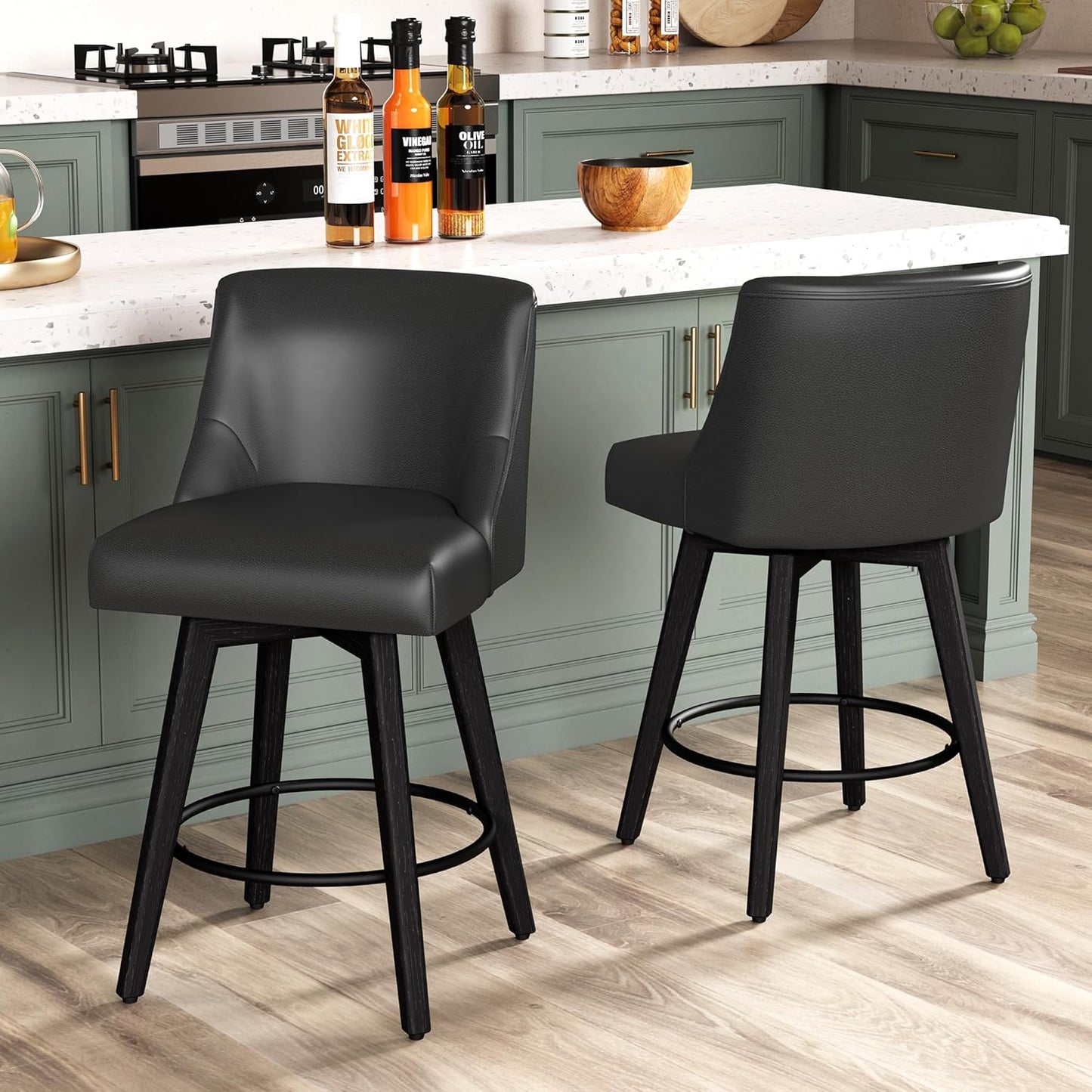 Counter Height Bar Stools Set of 2, Modern Swivel Barstools with Back and Wood Legs, Faux Leather Upholstered Counter Height Stools, 26" H Kitchen Island Stools,Home Bar, Black Grey
