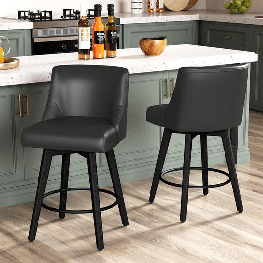 Counter Height Bar Stools Set of 2, Modern Swivel Barstools with Back and Wood Legs, Faux Leather Upholstered Counter Height Stools, 26" H Kitchen Island Stools,Home Bar, Black Grey