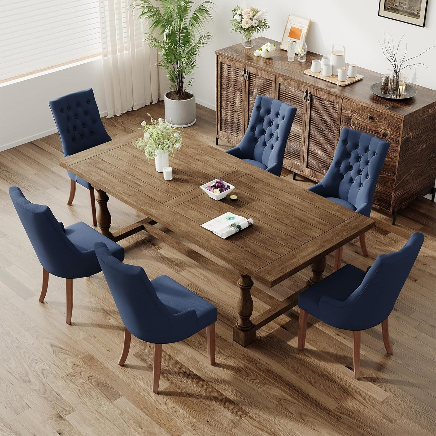 COLAMY Wingback Upholstered Side Dining Room Chairs Set of 6, Fabric Dining Chairs with Tufted Button, Living Room Chairs for Home Kitchen, Blue