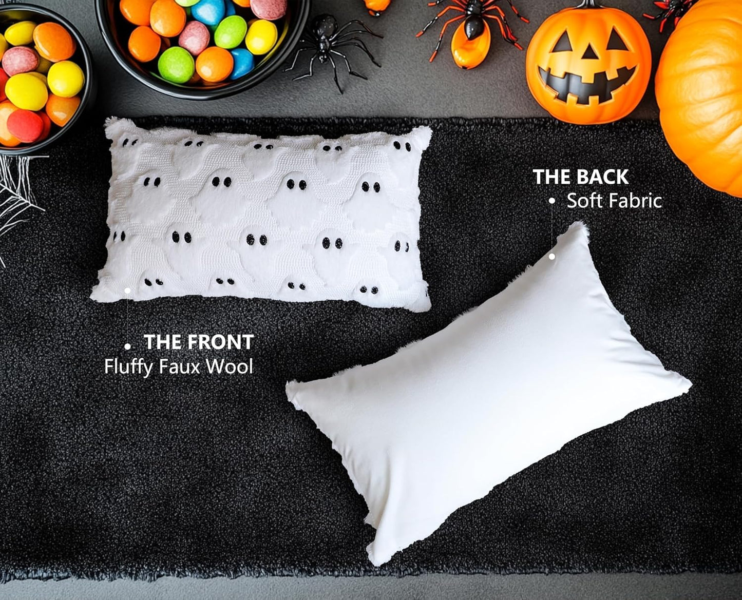 4TH Emotion Halloween Ghost Decorative Lumbar Pillow Covers 12x20 Set of 2, White Soft Plush Faux Fur Farmhouse Throw Cushion Cases for Fall Autumn Holiday Home Decorations