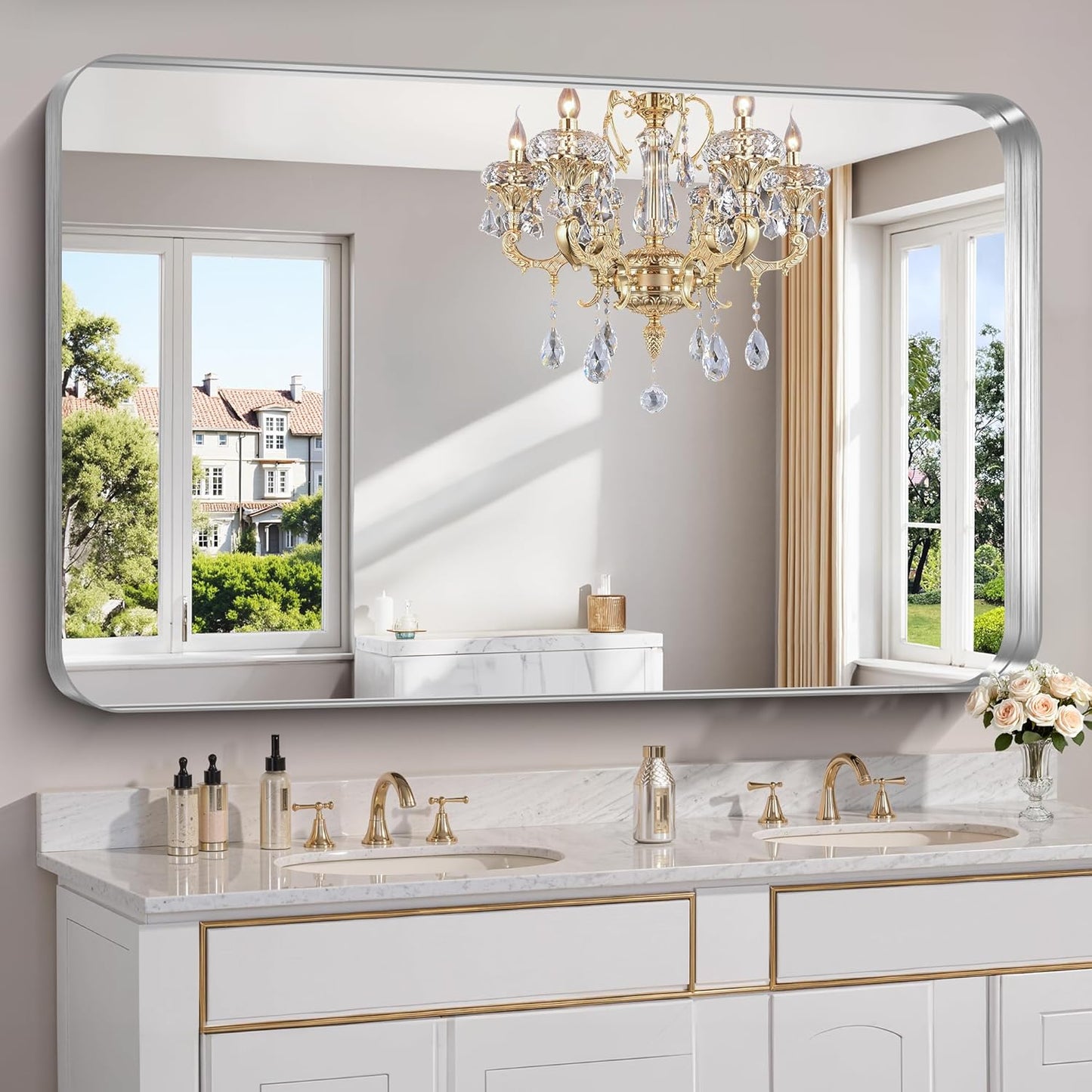 FORBATH 60x36 Inch Large Bathroom Mirror for Double Sinks, Brushed Silver Deep Frame Wall Mirror with Rounded Corners, Anti-Rust Tempered Glass for Modern Farmhouse Vanity (Horizontal/Vertical)