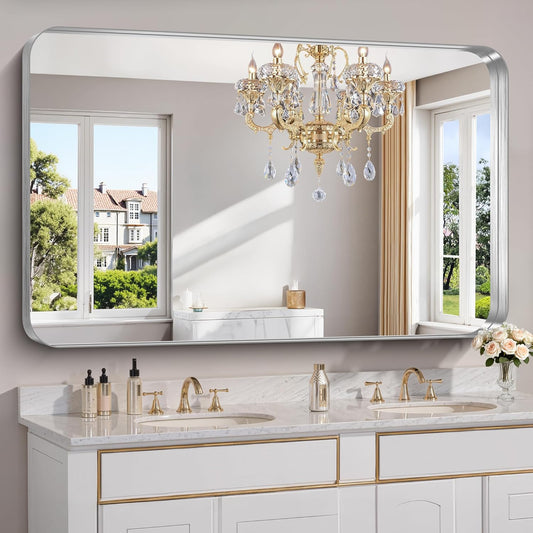 FORBATH 60x36 Inch Large Bathroom Mirror for Double Sinks, Brushed Silver Deep Frame Wall Mirror with Rounded Corners, Anti-Rust Tempered Glass for Modern Farmhouse Vanity (Horizontal/Vertical)