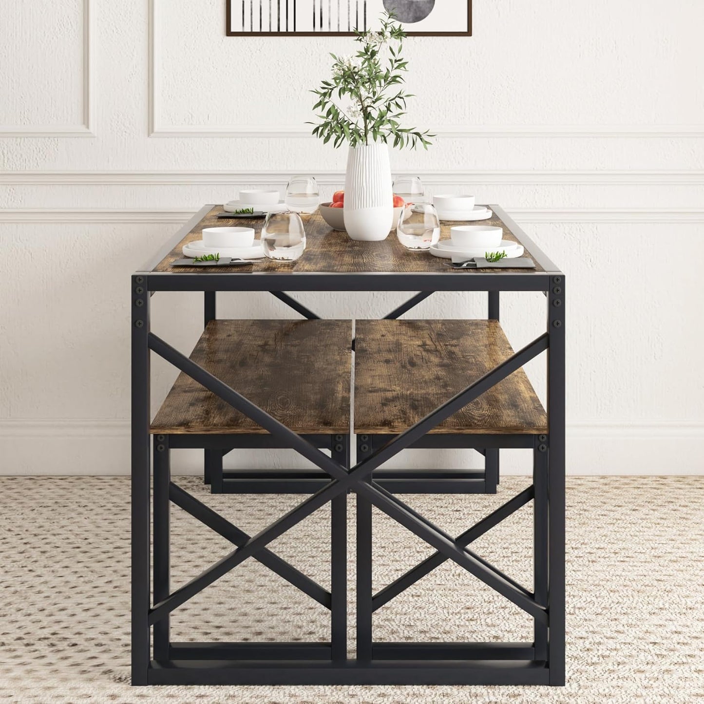 VECELO Kitchen Dining Table Set for 4 to 6, 55" Wood Dinette 2 Benches with Metal Frame for Dinner Breakfast Nook and Small Space, Grey