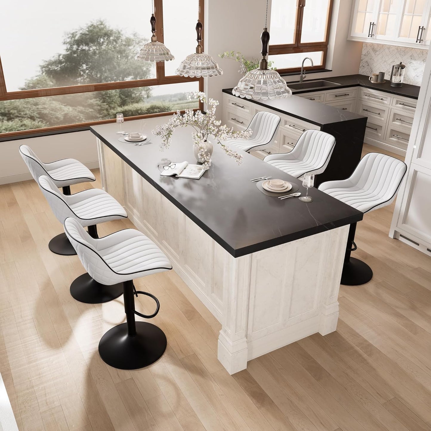 YOUNIKE White Bar Stools Set of 2 Kitchen Counter Height Barstools Upholstered Swivel Modern Faux Leather Bar Chairs with Backs Adjustable High Breakfast Island Stool with Metal Leg