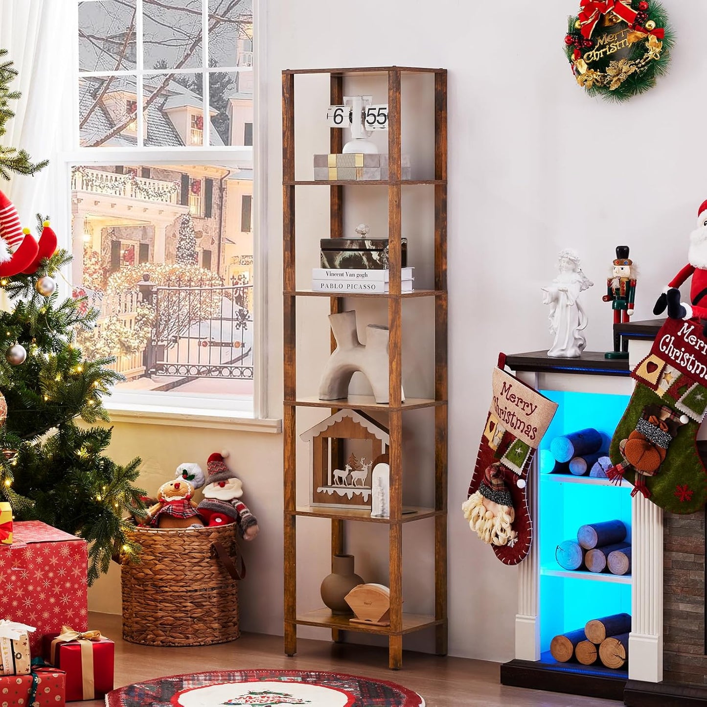 66in Tall Bookshelf 6-Tier Small Narrow Bookcase, Skinny Book Shelf for Small Space, Farmhouse Slim Shelf with Storage, Wood Freestanding Display Thin Bookshelves for Living Room, Office, Brown