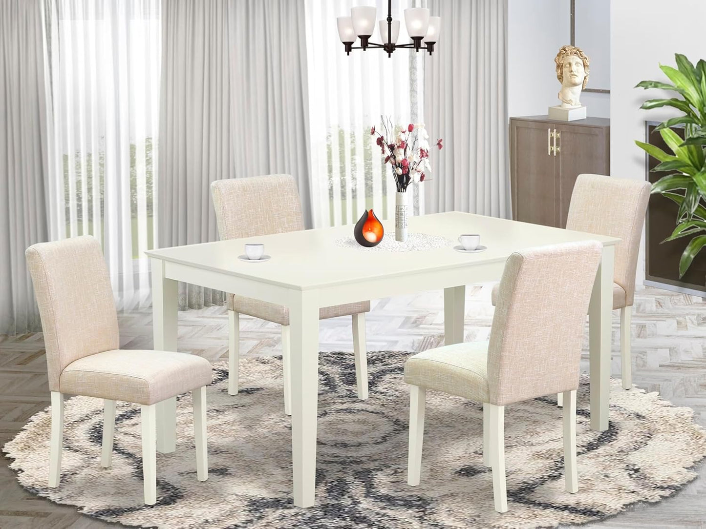 East West Furniture CAAB5-LWH-02 5 Piece Modern Dining Table Set Includes a Rectangle Kitchen Table and 4 Light Beige Linen Fabric Upholstered Chairs, 36x60 Inch, Linen White