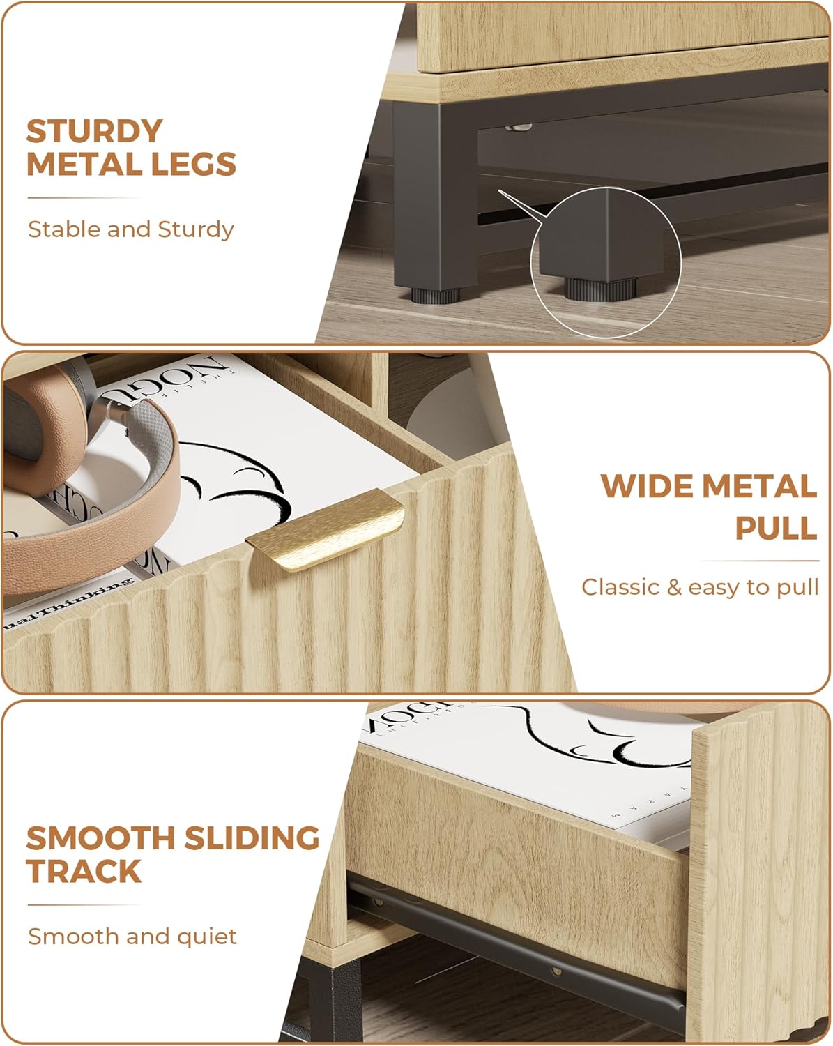 Fluted Night Stand Set 2 with Charging Station, Wood Nightstand with Large Drawer and Open Storage Cabinet, Mid-Century Modern Bedside Table End Table for Bedroom Closet Office