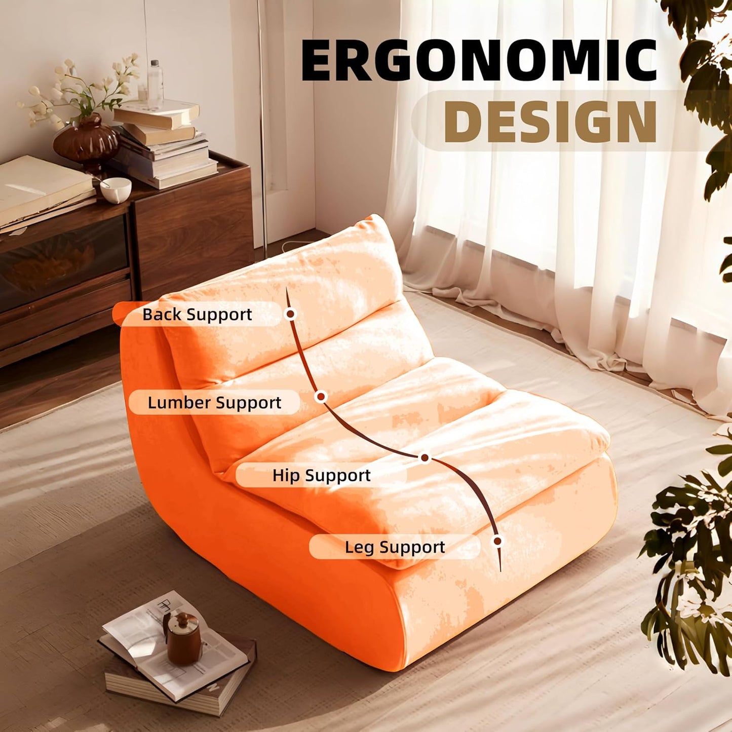 Bean Bag Chair - Memory Foam Bean Bag Chair for Adults, Comfy High-Resilience Single Sofa, Small Space Floor Chair, Chaise Lounge for Living Room, Bedroom (Orange, Cushions)