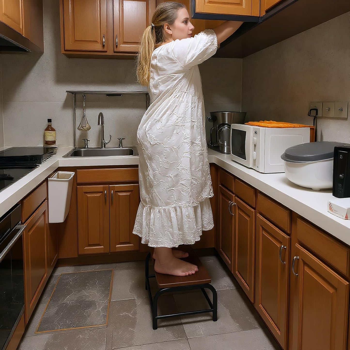 Heavy Duty Step Stool 500 lbs Load Capacity - Dual Anti-Slip Solid Wood & Metal Safety Step, Anthropological Furniture, Ideal for Home/Kitchen/Bedside(Walnut Color, One-Step Stool)