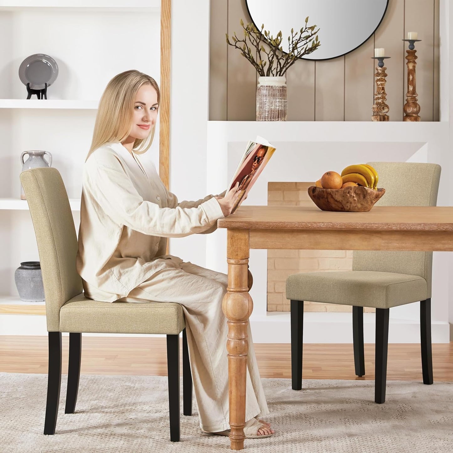 Yaheetech Dining Chairs Set of 2 Fabric Upholstered Parson Kitchen Chairs with Padded Seat and Solid Wood Legs for Dining Room/Restaurant, Khaki