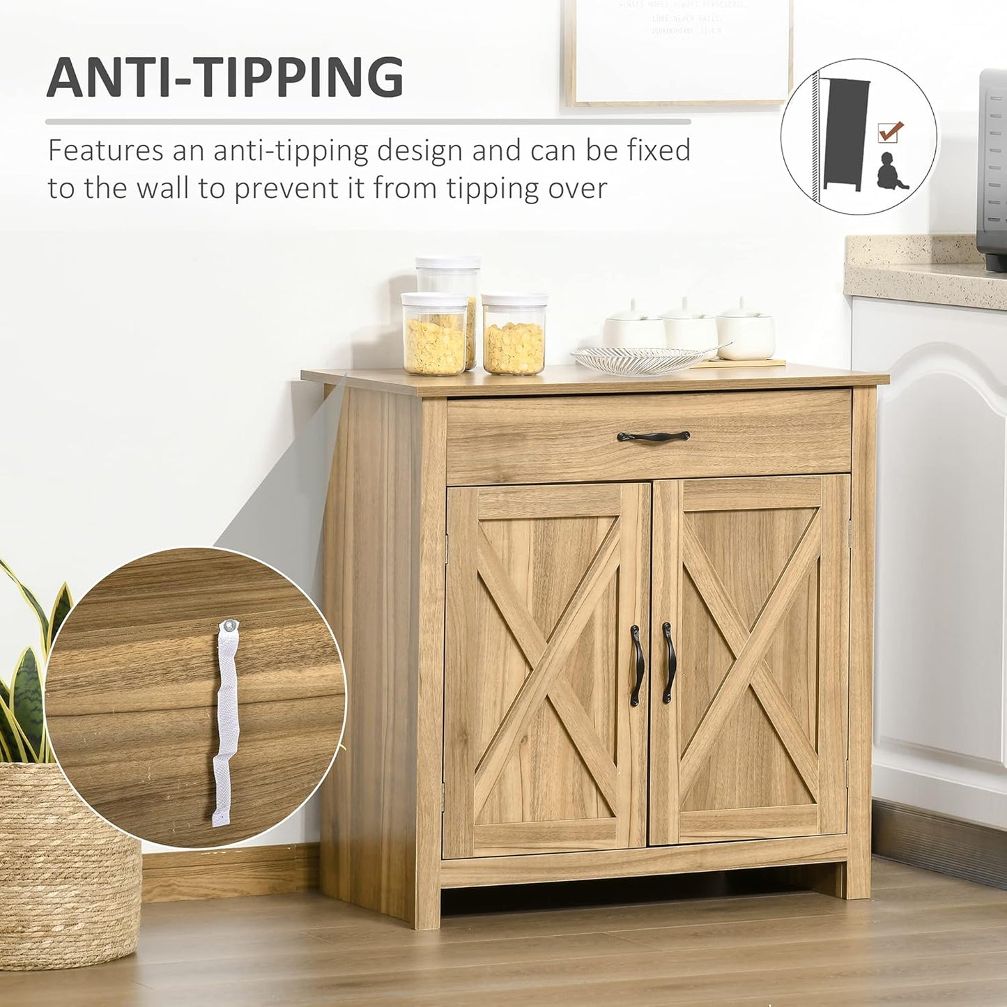 HOMCOM Farmhouse Sideboard Buffet Cabinet, Barn Door Coffee Bar Cabinet with Drawer and Adjustable Shelf, for Living Room, Entryway, Natural Wood Effect