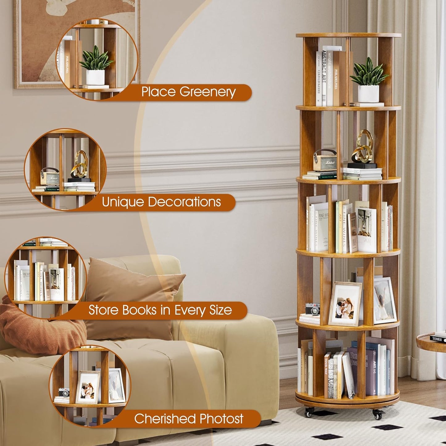 5 Tier Rotating Bookshelf Tower Spinning Bookshelf with Swivel Wheels Book Shelf Rotating Storage Tower for Kids Adult Narrow Walnut Solid Wood Revolving Bookcase Organizer for Bedroom Living Room