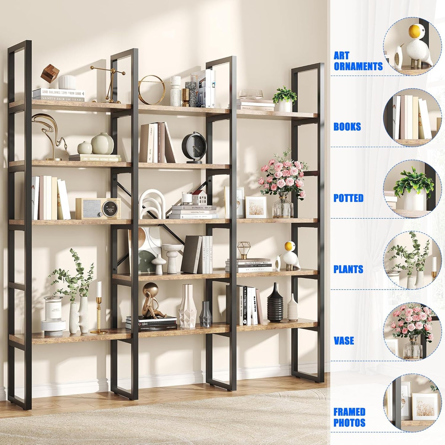 70.86" Modern Bookshelf and Bookcases with 13 Open Display Shelves, Triple Wide 5-Tier Industrial Large Book Shelf with Metal Frame, Tall Etagere Book Case for Home & Office, Rustic Brown
