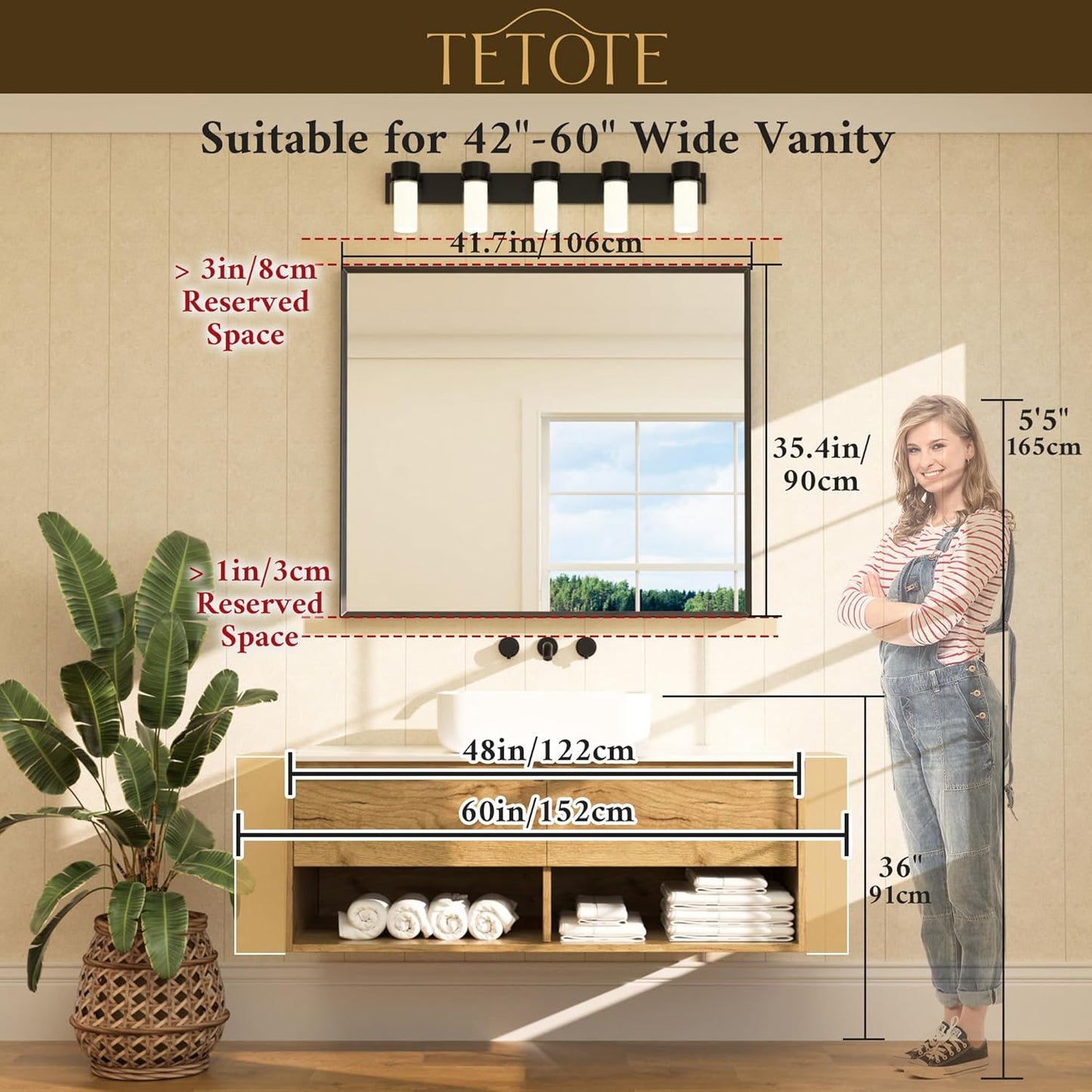 TETOTE Black Bathroom Vanity Mirror Beveled Frame 42" x 36" Black Rectangle Metal Framed Bathroom Wall Mirror for Over Sink, Tempered Glass, Modern Farmhouse Bedroom, Entryway, Living Room