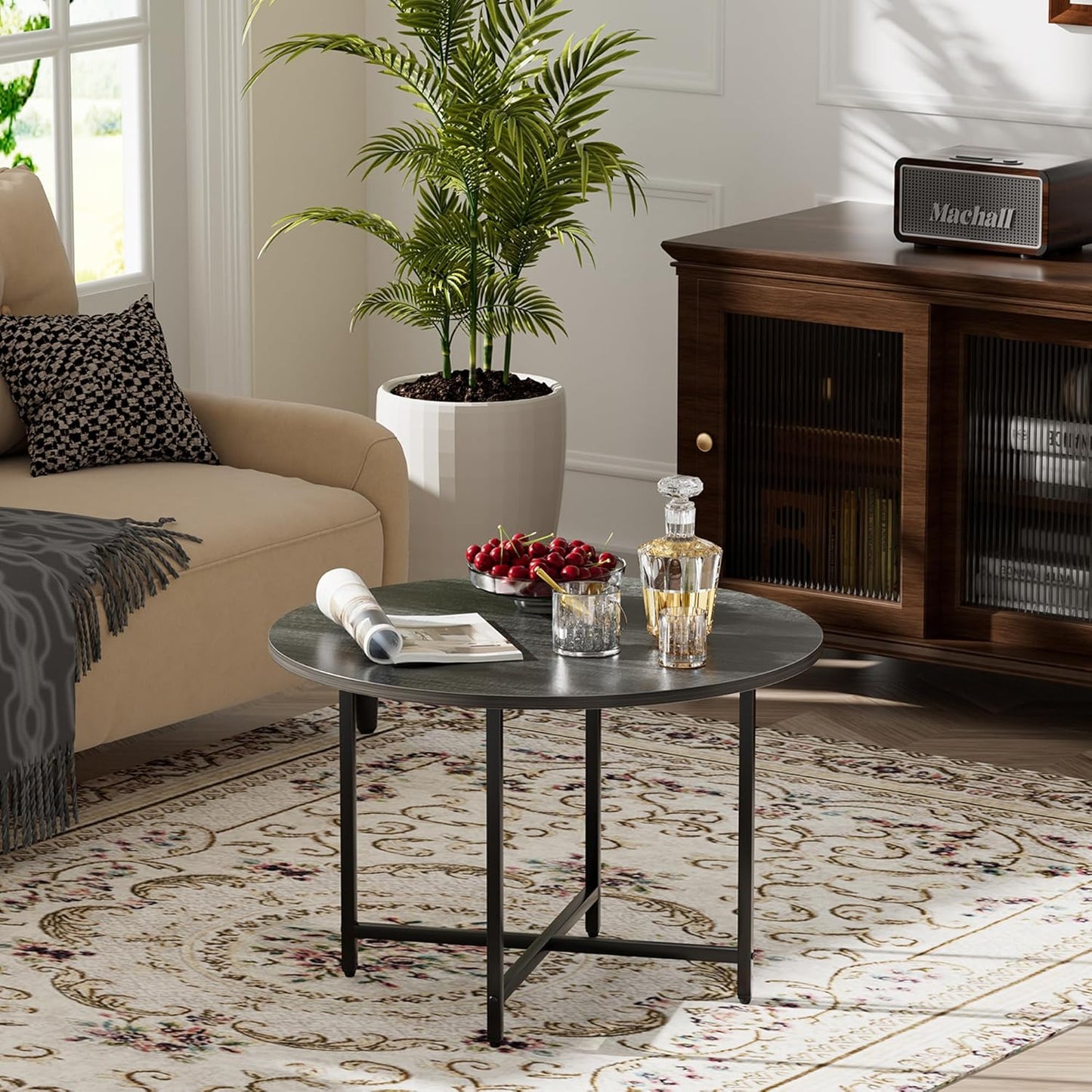 Round Coffee Table, Small Coffee Tables for Living Room, Wood Coffee Table with Metal Frame, Floor Table Desk for Sitting on The Floor, Home, Office, Farmhouse, Dark Gray (23.6" D x 17.7" H)