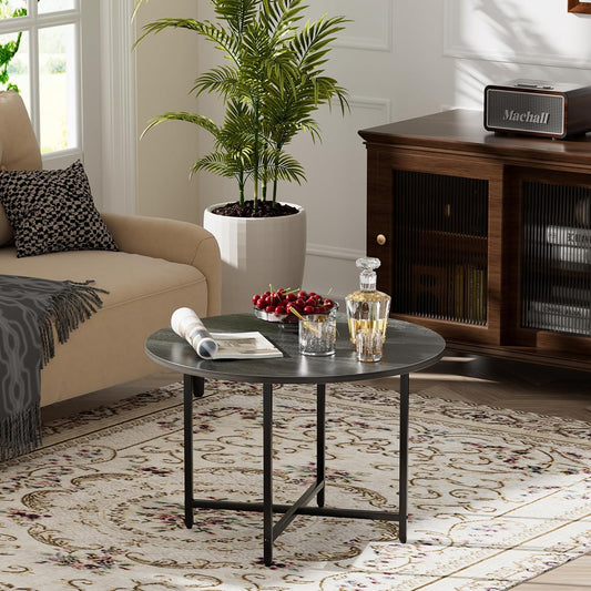 Round Coffee Table, Small Coffee Tables for Living Room, Wood Coffee Table with Metal Frame, Floor Table Desk for Sitting on The Floor, Home, Office, Farmhouse, Dark Gray (23.6" D x 17.7" H)