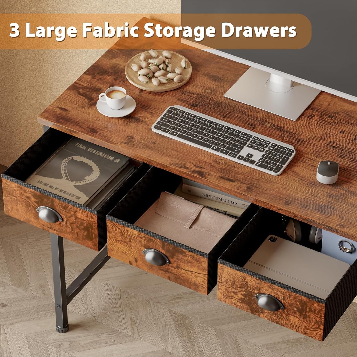 Furologee Small Computer Desk with 3 Fabric Drawers, 40 Inch Simple Home Office Desk, Writing Desk with Hooks, Study Table for Working Small Spaces, Makeup Desk for Bedroom, Rustic Brown
