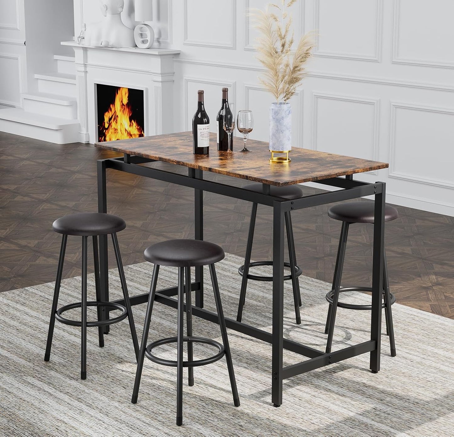 5-Piece Bar Table and Chairs Set, 47.2'' Pub Table Set with 4 Stools, Counter Height Table and Chairs Set of 4 for Breakfast Nook Living Room Small Space Restaurant, Black+Brown