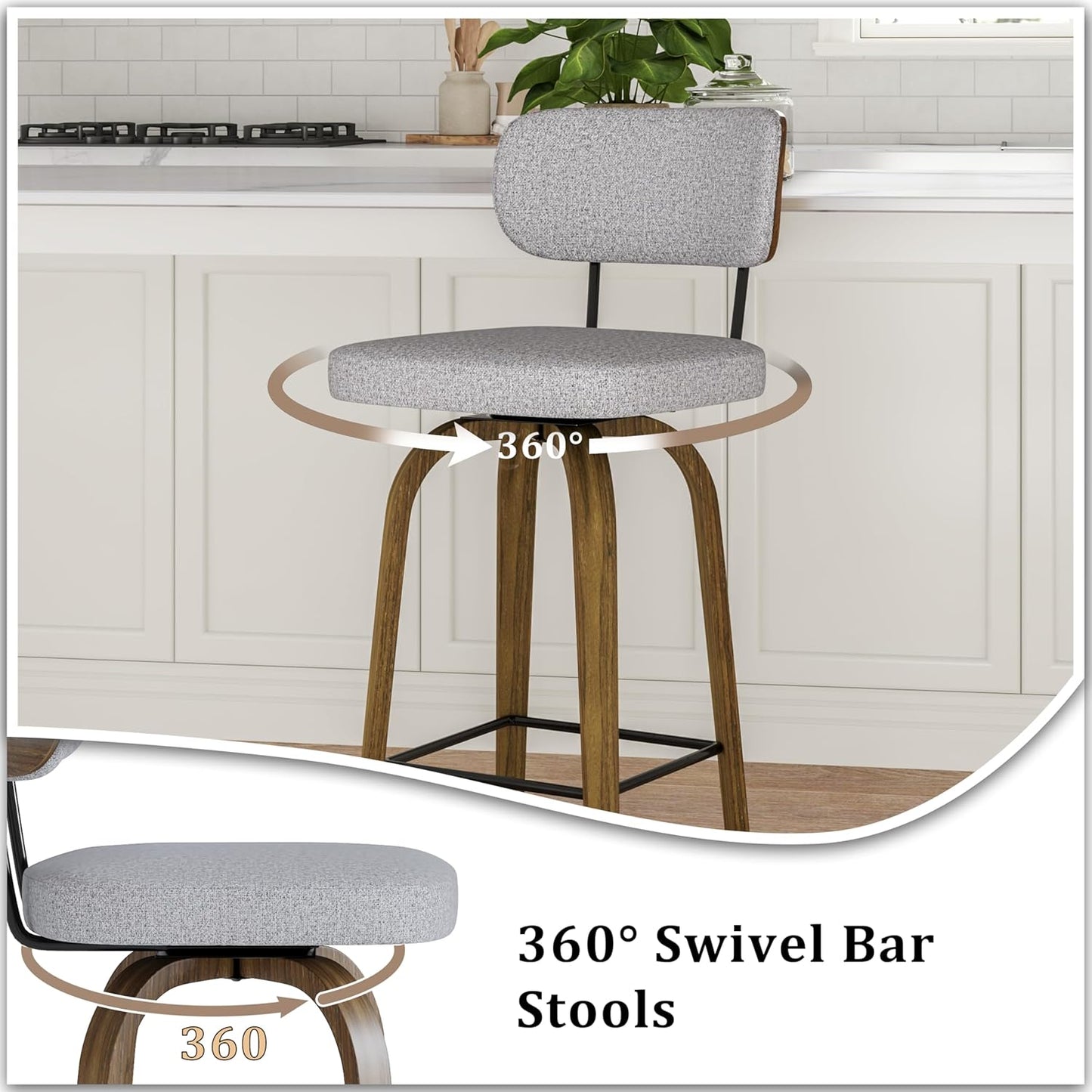 Swivel Counter Height Bar Stools with Back Set of 2, 26" Fabric Upholstered Kitchen Bar Stools with Wood Legs and Metal Footrest for Kitchen Island (Grey Fabric)